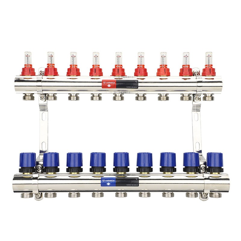 Коллекторная группа из латуни DN 25-9 вых. G-3/4'', евроконус, с расходомерами, без дренажного крана и воздухоотводчика, VARMEGA VM15409