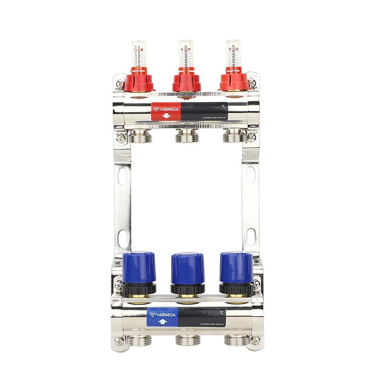 Коллекторная группа из латуни DN 25-3 вых. G-3/4'', евроконус, с расходомерами, без дренажного крана и воздухоотводчика, VARMEGA VM15403