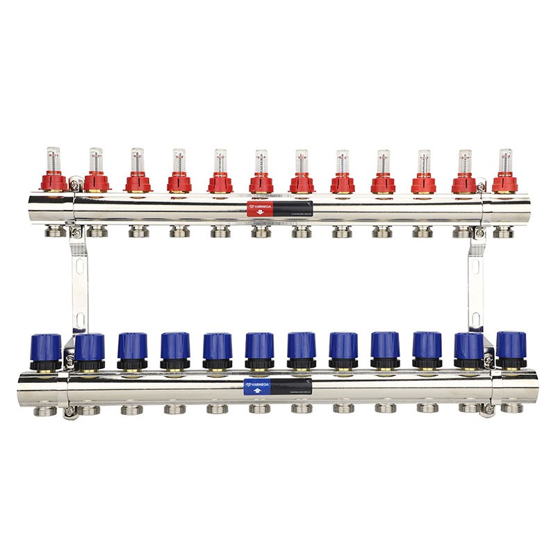 Коллекторная группа из латуни DN 25-12 вых. G-3/4'', евроконус, с расходомерами, без дренажного крана и воздухоотводчика, VARMEGA VM15412