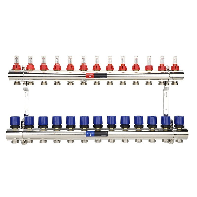 Коллекторная группа из латуни DN 25-13 вых. G-3/4'', евроконус, с расходомерами, без дренажного крана и воздухоотводчика, VARMEGA VM15413