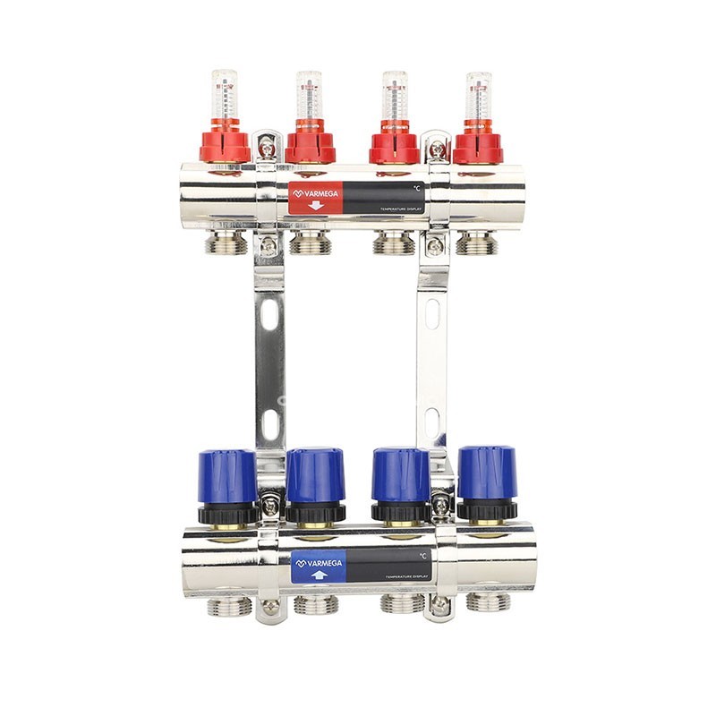 Коллекторная группа из латуни DN 25-4 вых. G-3/4'', евроконус, с расходомерами, без дренажного крана и воздухоотводчика, VARMEGA VM15404
