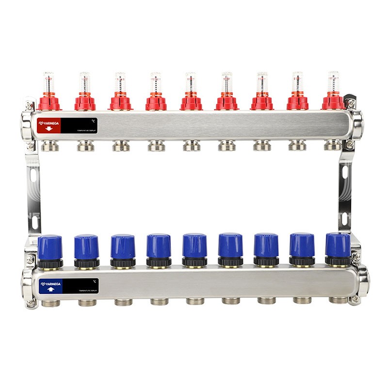 Коллекторная группа из нержавеющей стали DN 25-9 вых. G-3/4'', евроконус, с расходомерами, без дренажного крана и воздухоотводчика, VARMEGA VM15109