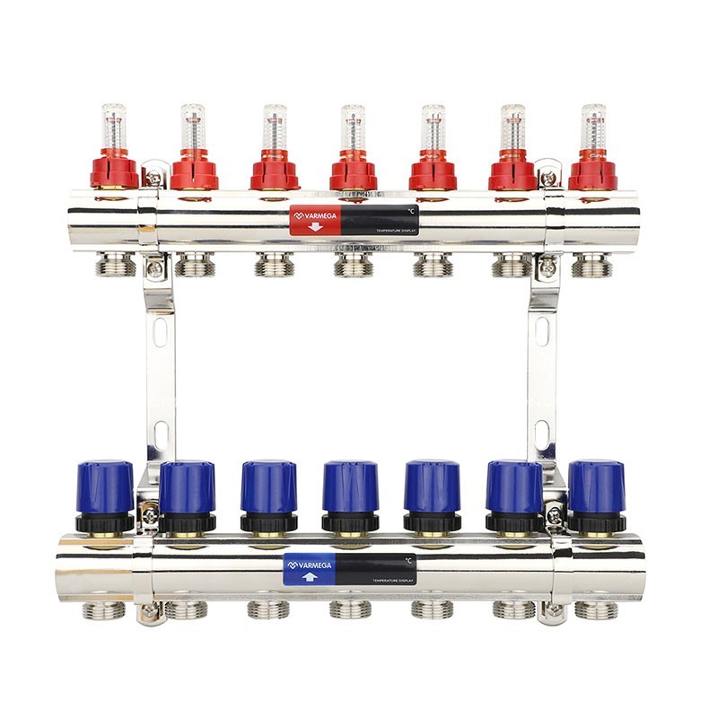 Коллекторная группа из латуни DN 25-7 вых. G-3/4'', евроконус, с расходомерами, без дренажного крана и воздухоотводчика, VARMEGA VM15407