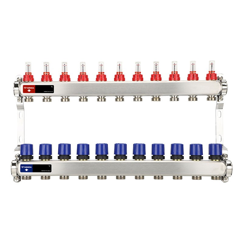 Коллекторная группа из нержавеющей стали DN 25-11 вых. G-3/4'', евроконус, с расходомерами, без дренажного крана и воздухоотводчика, VARMEGA VM15111
