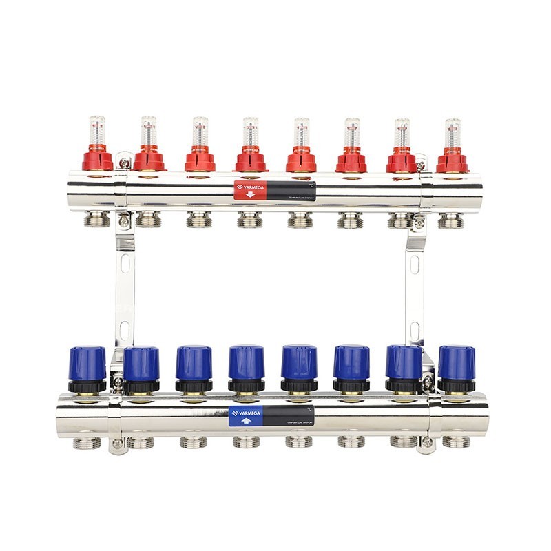 Коллекторная группа из латуни DN 25-8 вых. G-3/4'', евроконус, с расходомерами, без дренажного крана и воздухоотводчика, VARMEGA VM15408