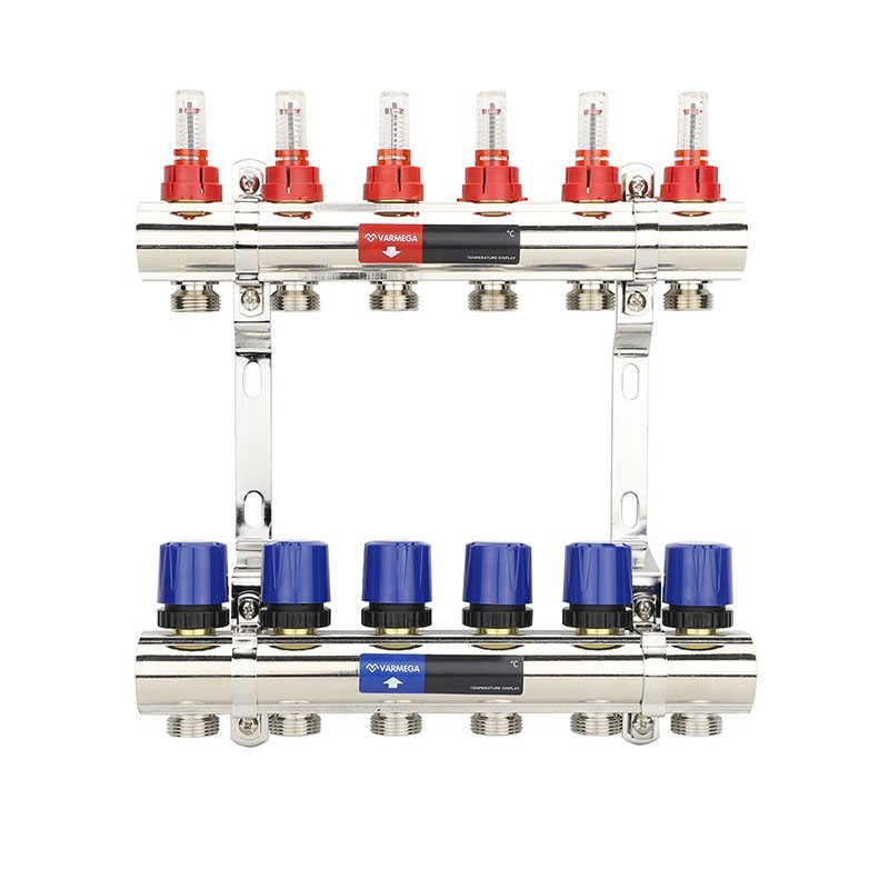 Коллекторная группа из латуни DN 25-6 вых. G-3/4'', евроконус, с расходомерами, без дренажного крана и воздухоотводчика, VARMEGA VM15406