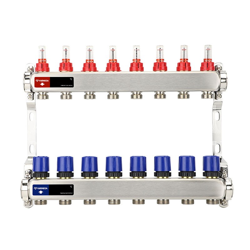 Коллекторная группа из нержавеющей стали DN 25-8 вых. G-3/4'', евроконус, с расходомерами, без дренажного крана и воздухоотводчика, VARMEGA VM15108