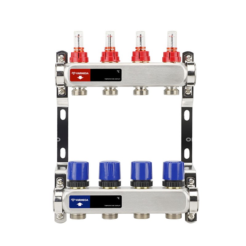 Коллекторная группа из нержавеющей стали DN 25-4 вых. G-3/4'', евроконус, с расходомерами, без дренажного крана и воздухоотводчика, VARMEGA VM15104