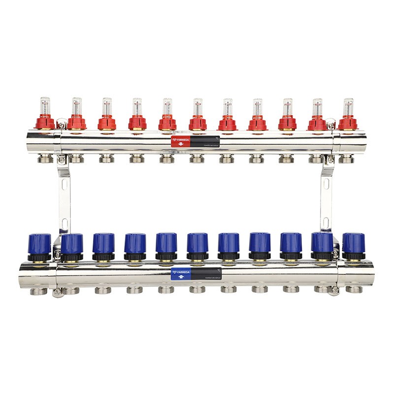 Коллекторная группа из латуни DN 25-11 вых. G-3/4'', евроконус, с расходомерами, без дренажного крана и воздухоотводчика, VARMEGA VM15411