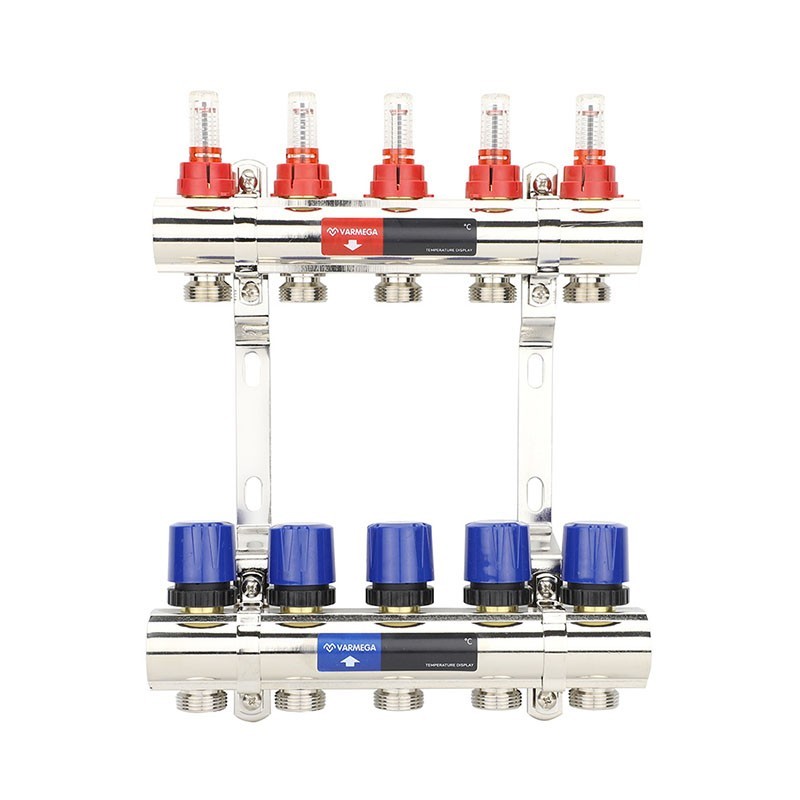 Коллекторная группа из латуни DN 25-5 вых. G-3/4'', евроконус, с расходомерами, без дренажного крана и воздухоотводчика, VARMEGA VM15405