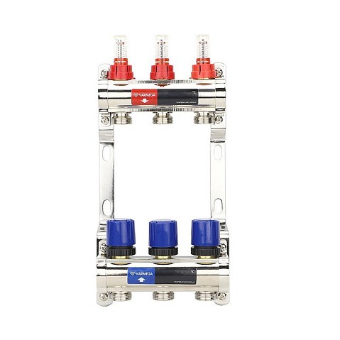 Коллекторная группа из латуни DN 25-3 вых. G-3/4'' евроконус, с расходомерами, без дренажного крана и воздухоотводчика VARMEGA VM15403 купить в Казани | "Проконсим"